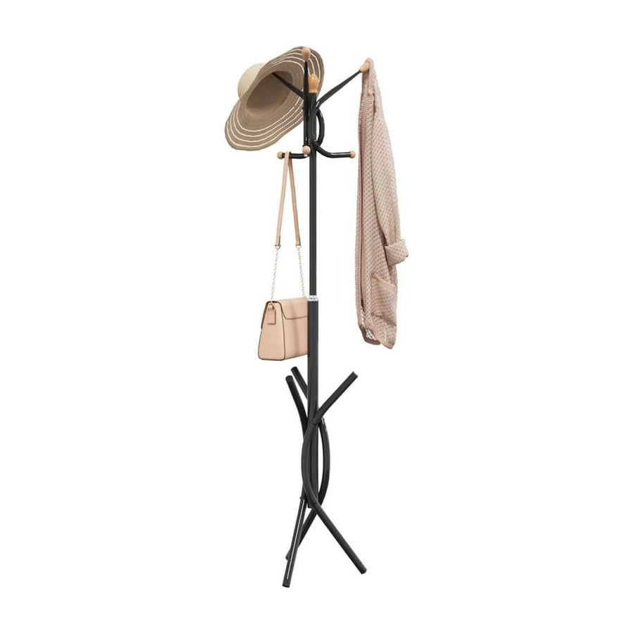 vidaXL Coat Stand Black 176 cm Powder-coated Iron with a hat and a coat on it
