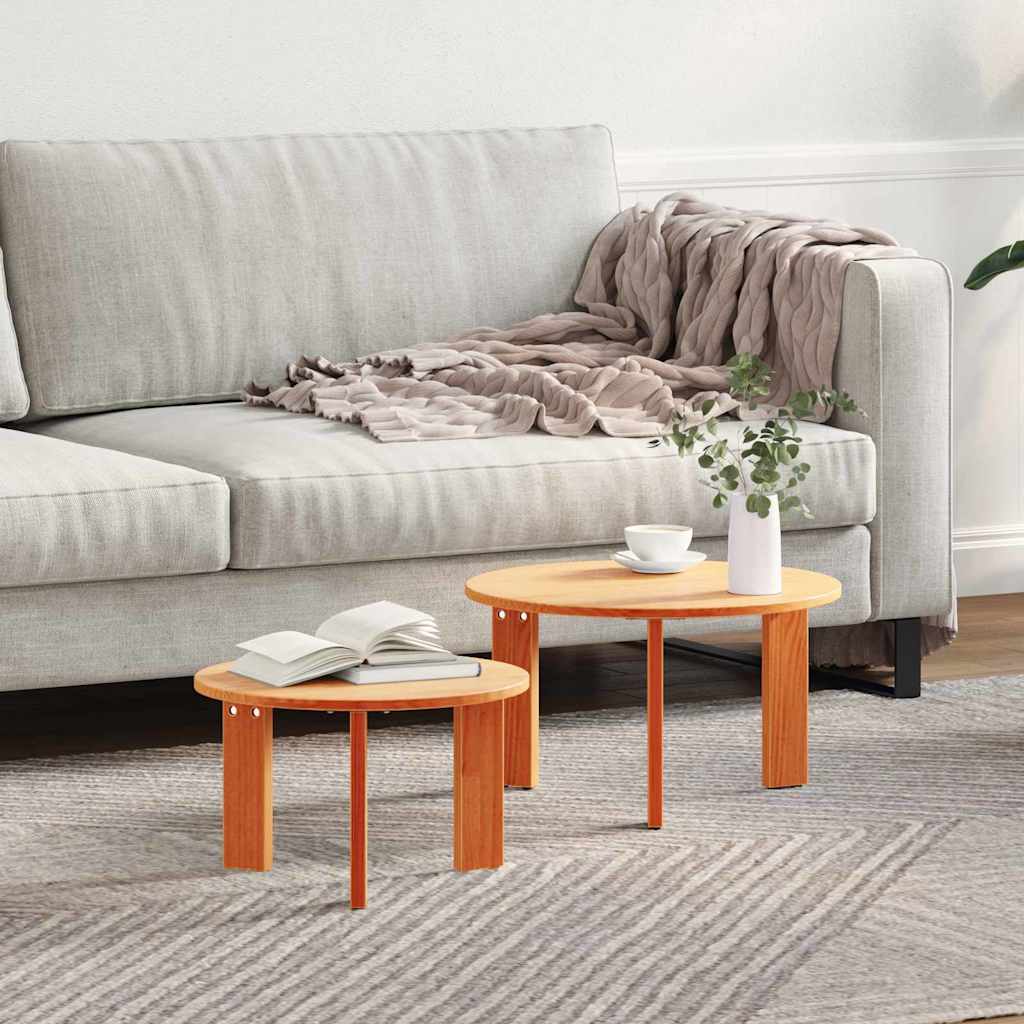 vidaXL Coffee Table 2 pcs Wax Brown shown in a living room setting with a sofa