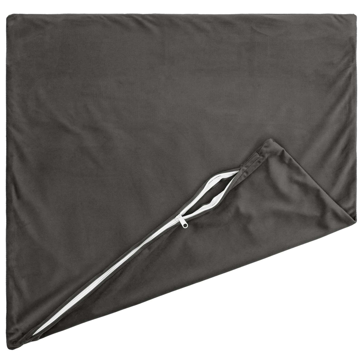 The back of a dark grey velvet cushion cover showing the zip