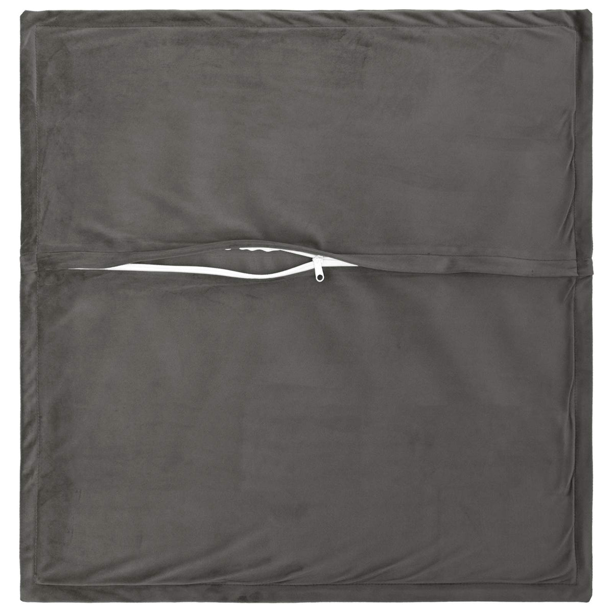 the back of a dark grey velvet cushion cover showing a zip closure