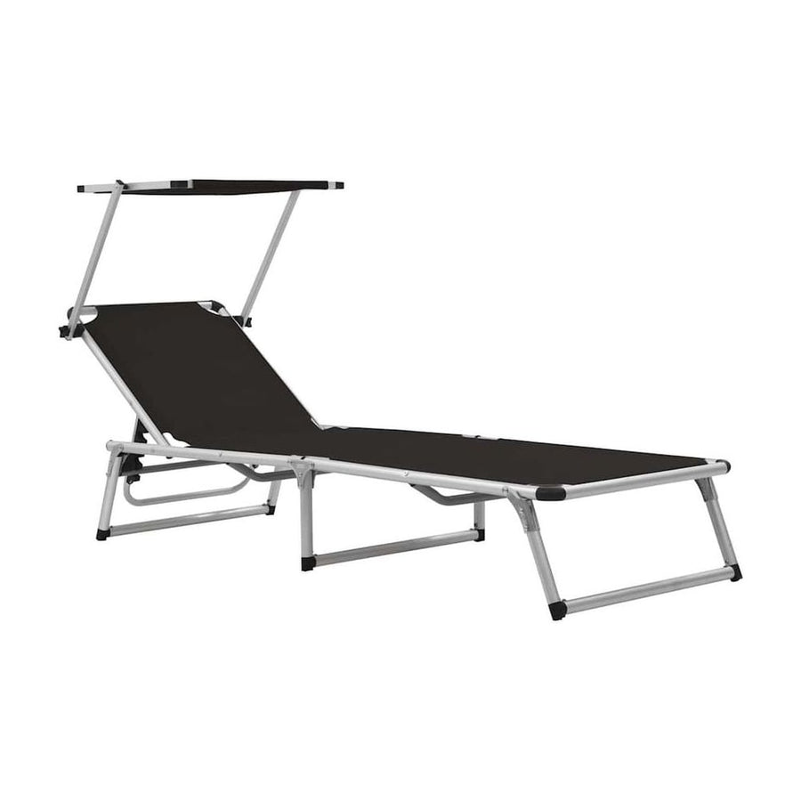 Folding Sun Lounger with Roof Aluminium and Textilene Black