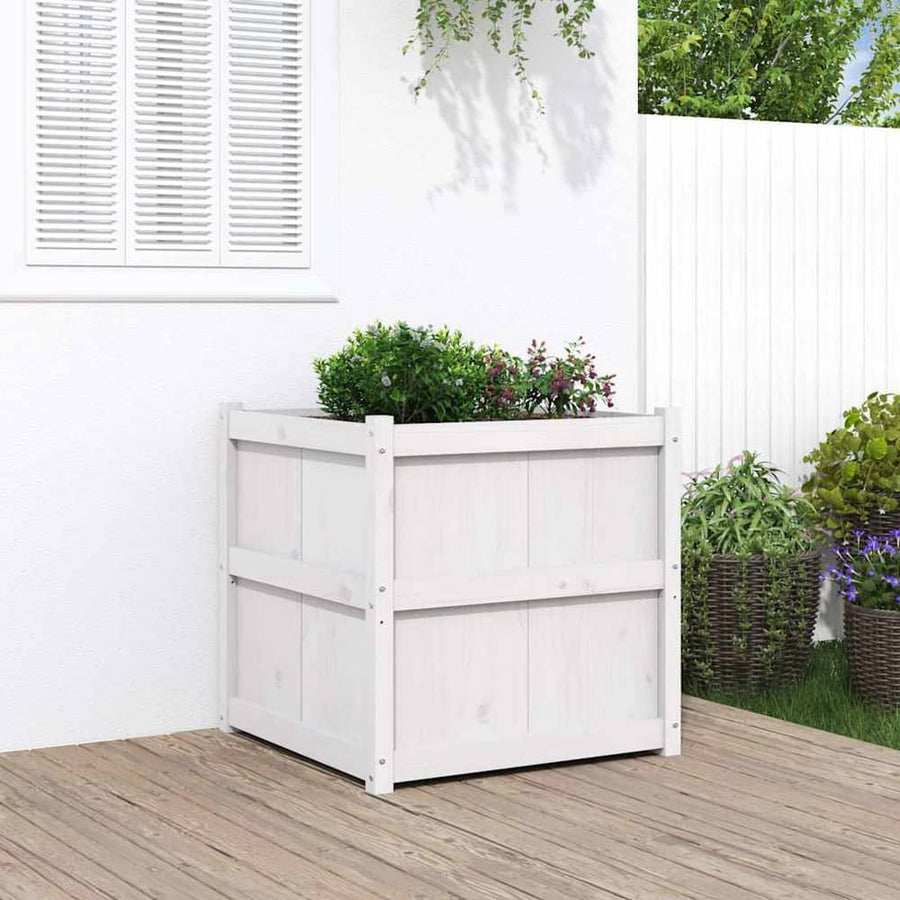 vidaXL Garden Planter White Solid Wood Pine on a wooden deck with plants and a white wall