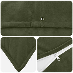 Close up of the green cushion showing the fabric texture and zip detail