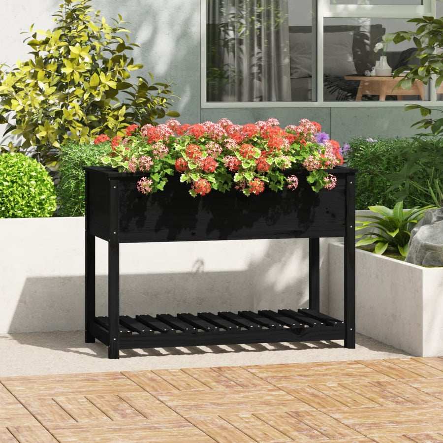 Planter with Shelf Black Solid Wood Pine