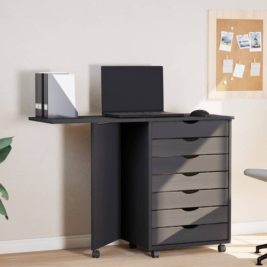 Rolling Cabinet with Desk "MOSS" Grey Solid Wood Pine