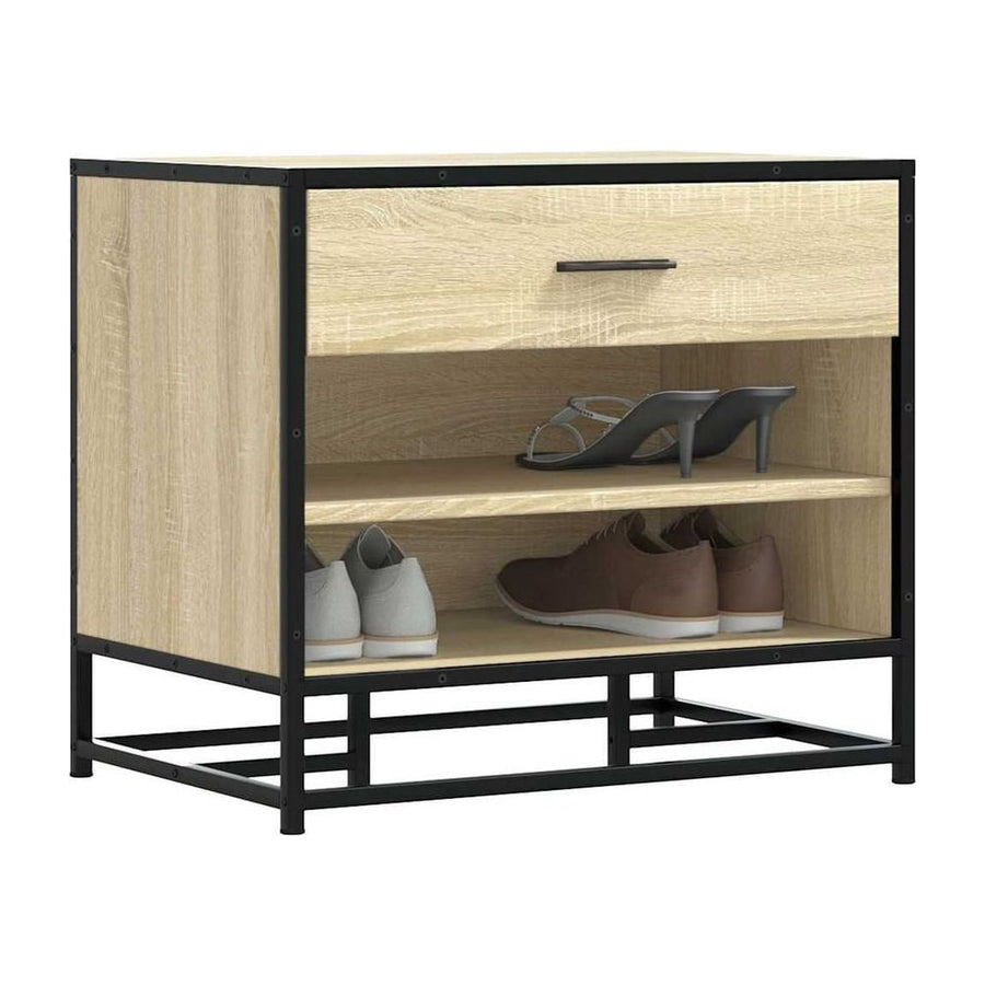 vidaXL Shoe Bench Sonoma Oak Engineered Wood and Metal with shoes stored on the shelves