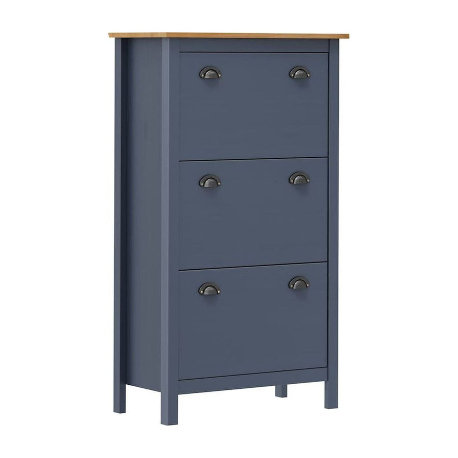 Shoe Cabinet Hill Grey Solid Pine Wood shown from a side angle with three closed storage drawers