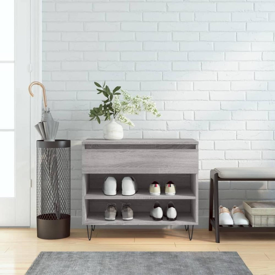 vidaXL Shoe Cabinet Grey Sonoma Engineered Wood in a hallway setting with shoes and an umbrella stand