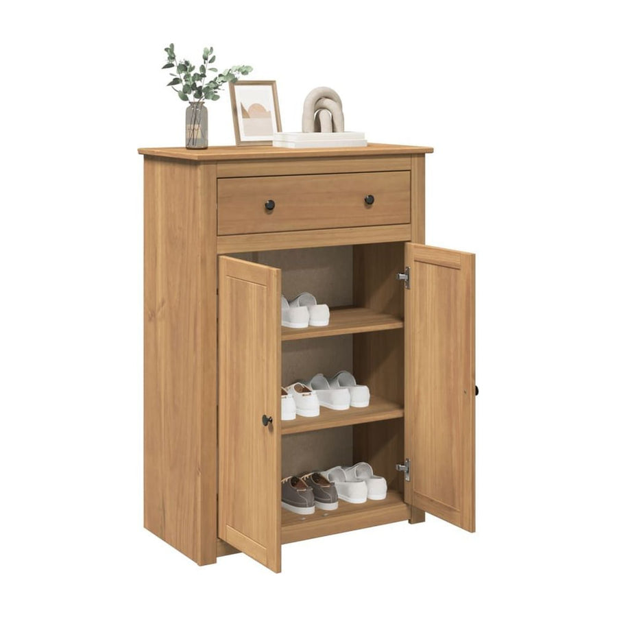 vidaXL Shoe Cabinet PANAMA Solid Wood Pine with doors open and shoes stored on the interior shelves