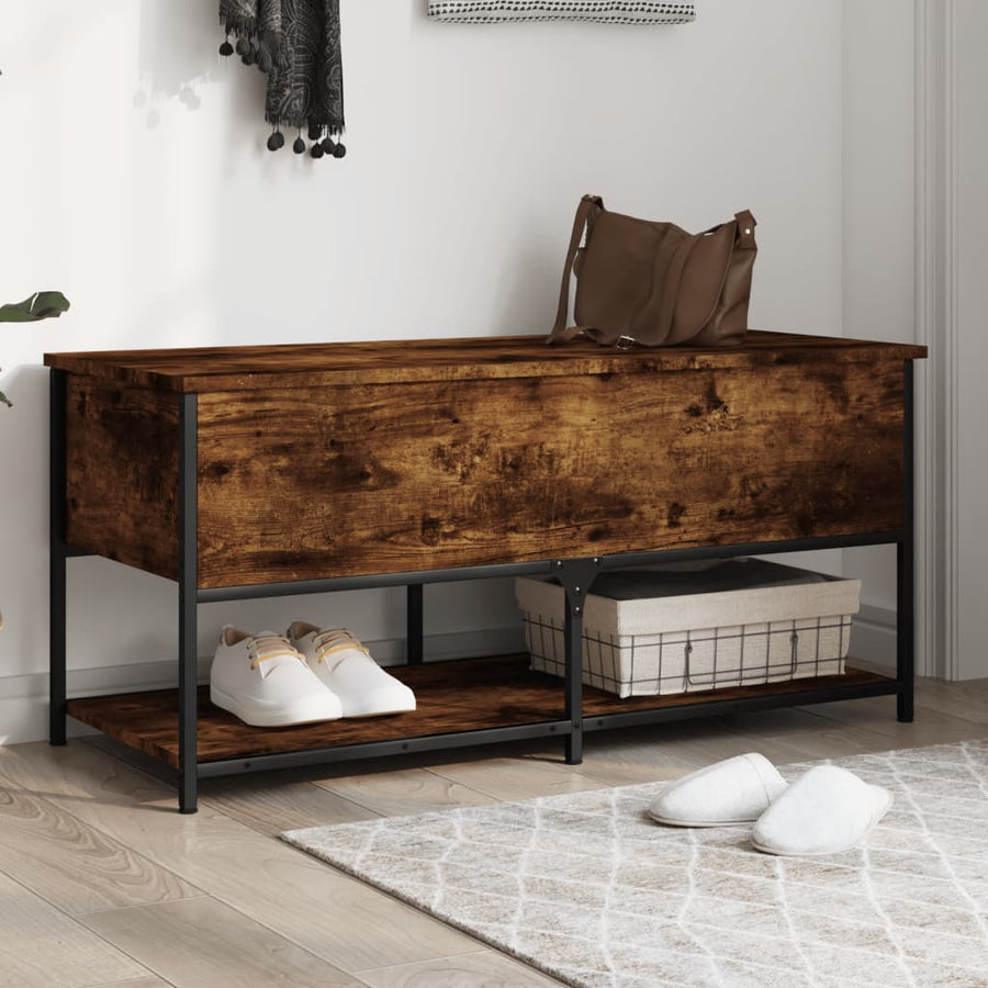 vidaXL Storage Bench Smoked Oak Engineered Wood in a hallway with shoes and a bag on top