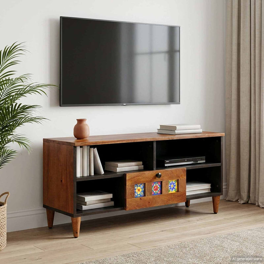 TV Cabinet with Drawer Walnut Solid Mango Wood