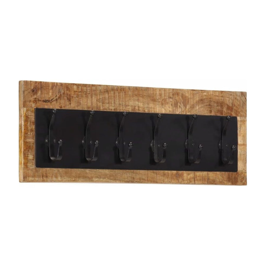 vidaXL Wall-mounted Coat Rack with 6 Hooks Solid Wood Mango, a wooden plank with a black metal plate holding six black hooks