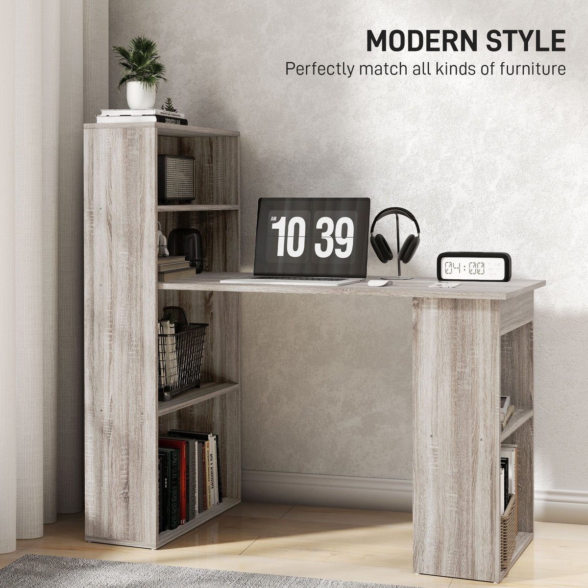 HOMCOM 120cm Computer Desk, Wooden PC Laptop Table with 6-Tier Storage Bookshelves, Home Office Working Study Desk, Writing Workstation, Grey