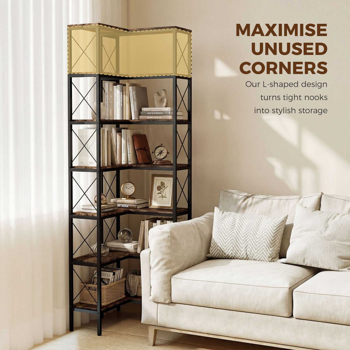 HOMCOM 6-Tier L-Shaped Bookshelf, Freestanding Corner Bookcase with Metal Frame, Rustic Brown