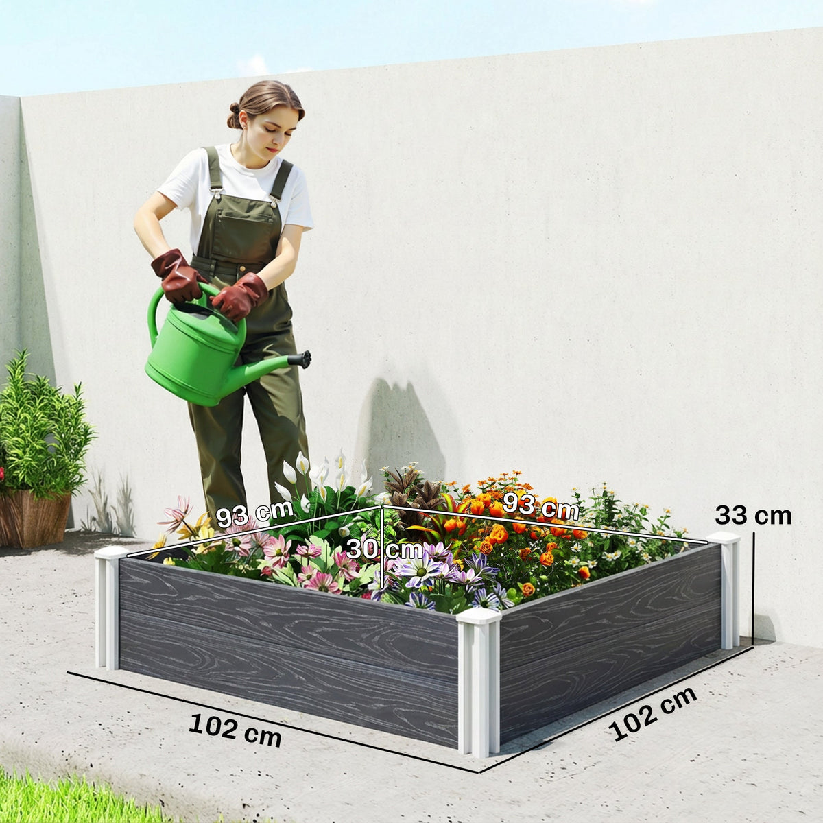 Outsunny Vinyl Raised Garden Bed Kit, 3 x 3 x 1ft Modular Elevated Garden Box with Slotting Legs and Open Bottom, Dark Grey