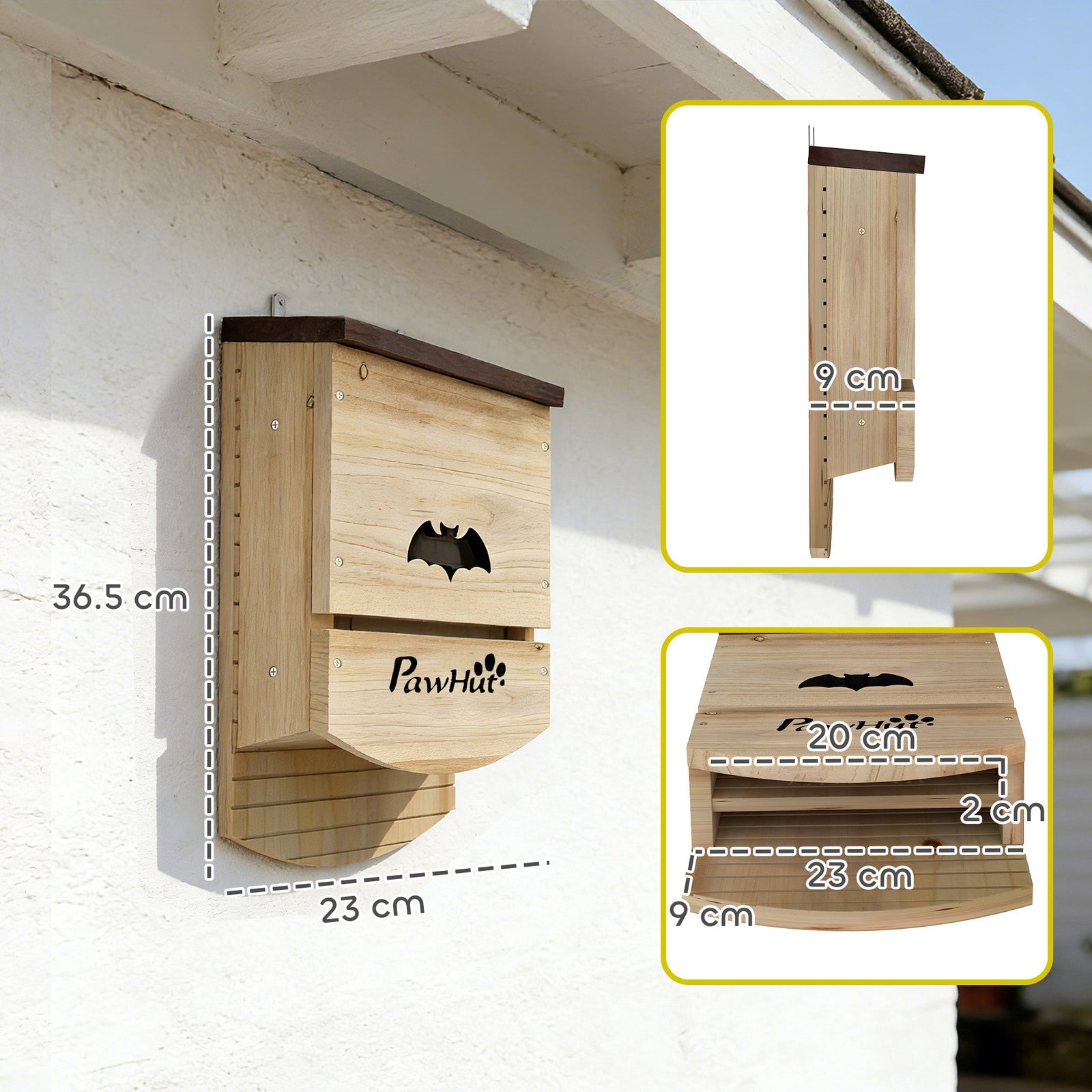 PawHut Set of 3 Wooden Bat Houses bat shelter with Grooved Landing Platform 23 x 9,5 x 36,5 cm natural wood