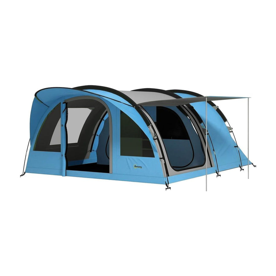 Outsunny 4 Person Easy Setup Family Camping Tent with 2 Rooms, Waterproof Tunnel Tent w/ Sewn In Groundsheet, Sky Blue & Grey