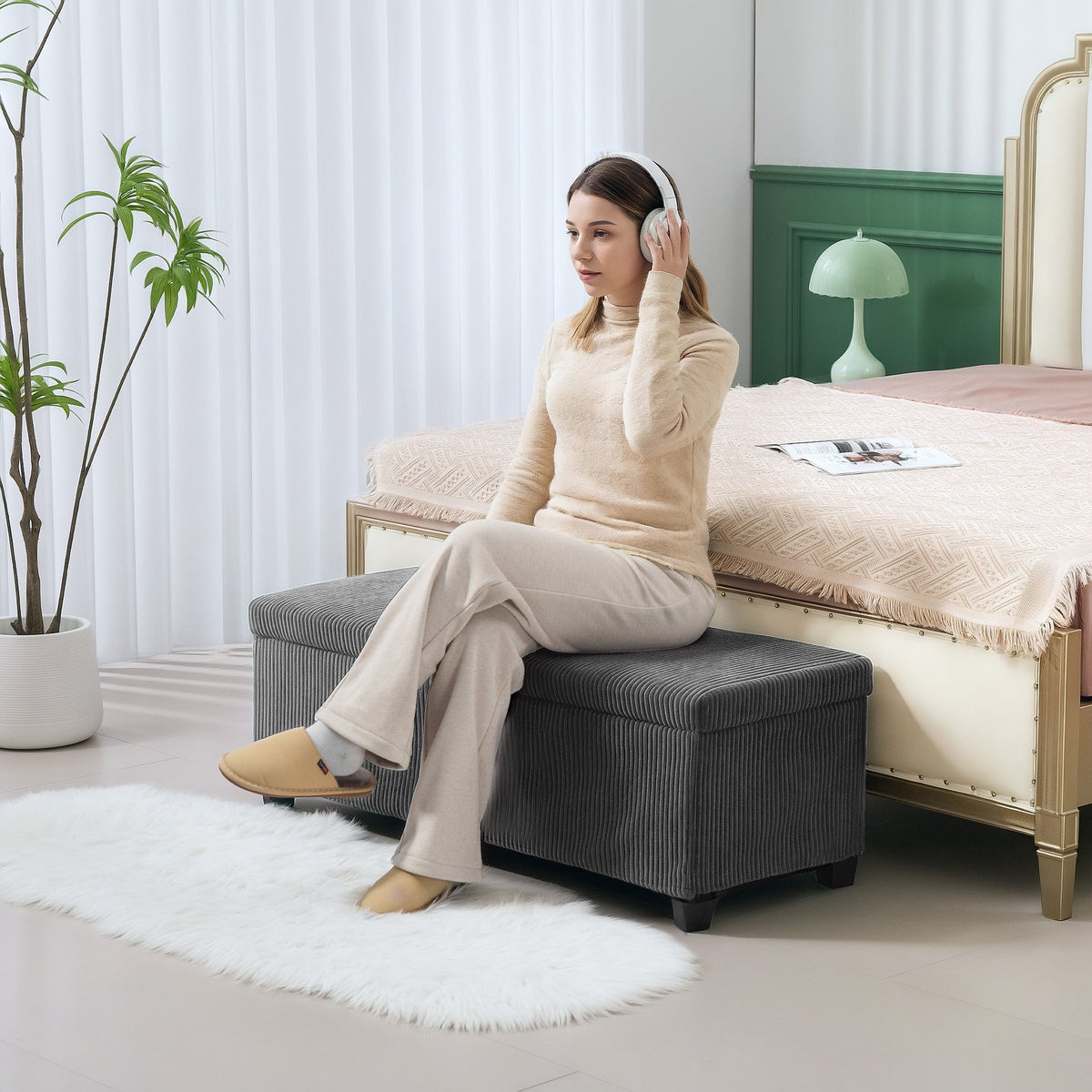 HOMCOM 84L Corduroy Storage Ottoman - Grey