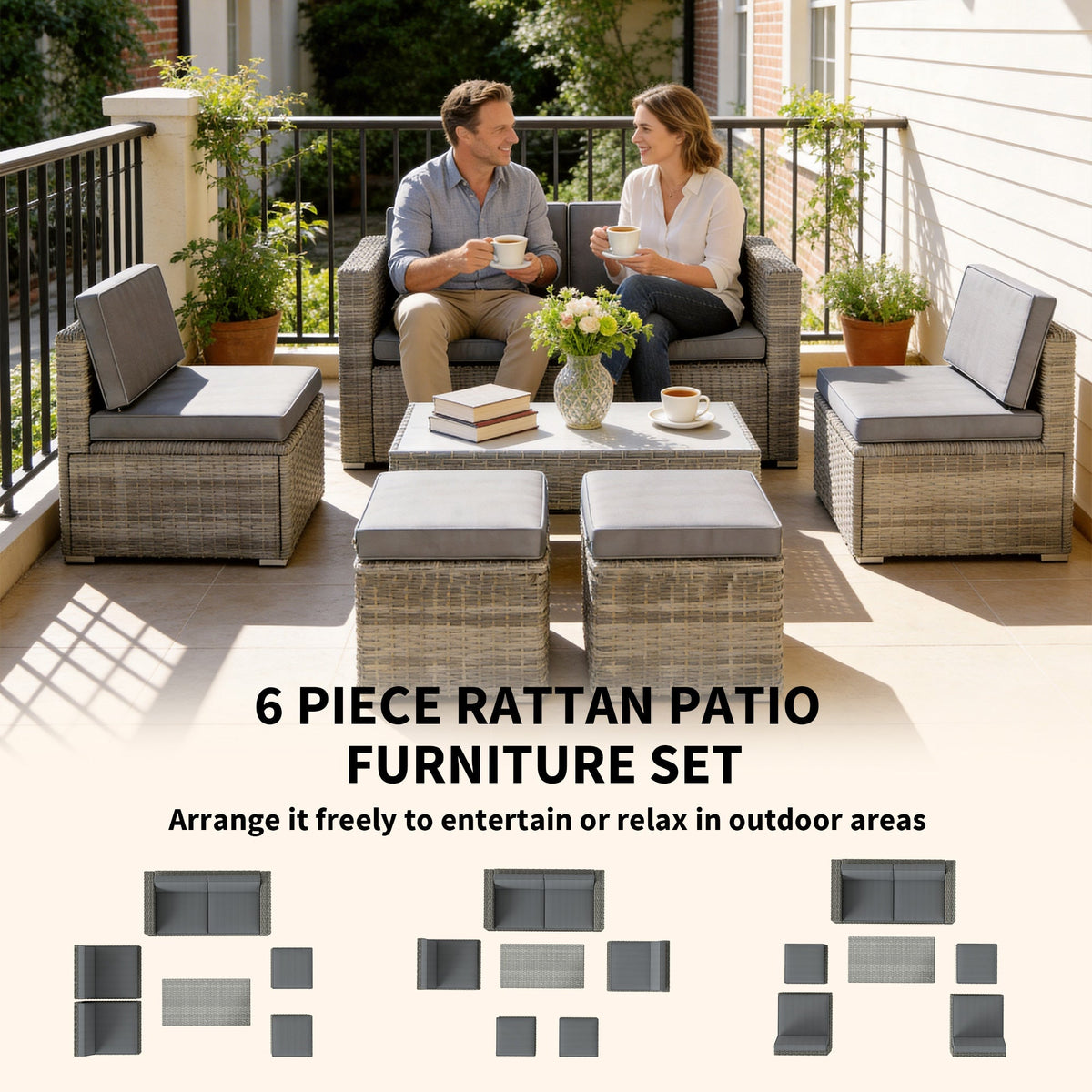 Outsunny 6 Piece Rattan Garden Furniture Set, Nesting Patio Conversation Set with Loveseat, Chairs, Table, Footstools, Dark Grey