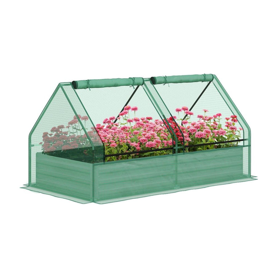 Outsunny Metal Planter Box with Cover, Raised Garden Bed with Greenhouse, for Herbs and Vegetables, Green and Dark Grey
