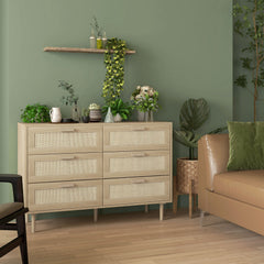 HOMCOM Chest of Drawers, 6-Drawer Dresser, Tall Storage Drawer Unit with Rattan Element for Bedroom, Living Room, Oak