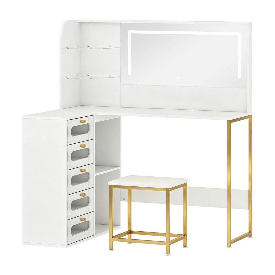 HOMCOM Dressing Table with LED Mirror and Stool, L-Shaped Vanity Desk with Drawers and Shelves, White