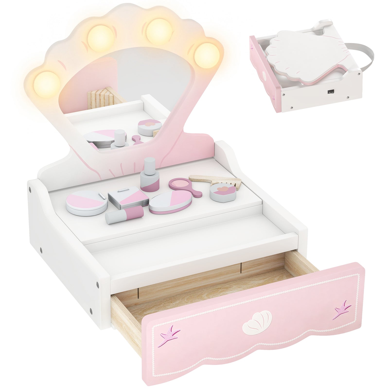 AIYAPLAY Kids Vanity Table, Portable Girls Dressing Table with Lights, Mirror, Drawer, Accessories, Gift for Girls 3-6 Years