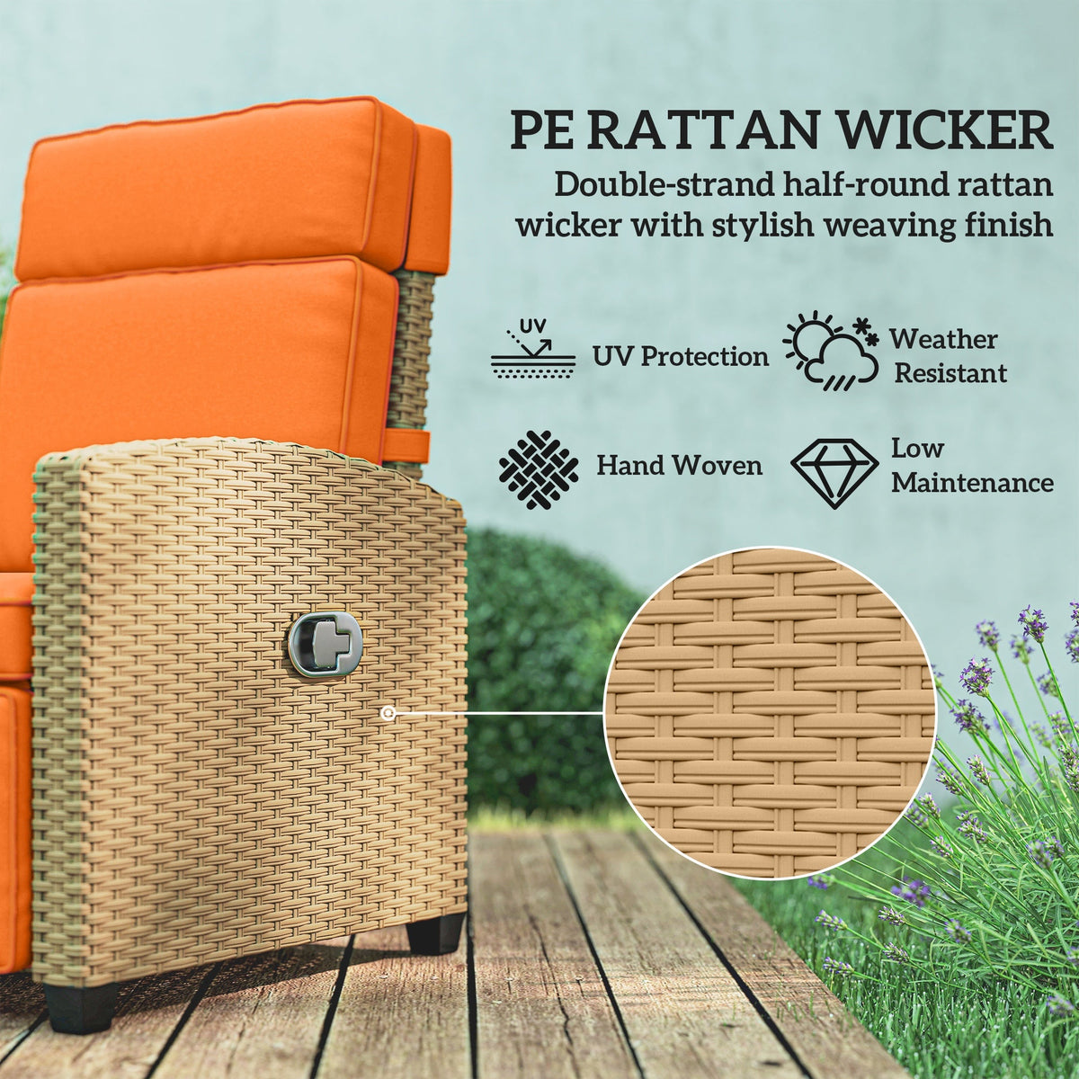 Outsunny 145° Reclining Rattan Armchair, with Footrest - Khaki/Orange