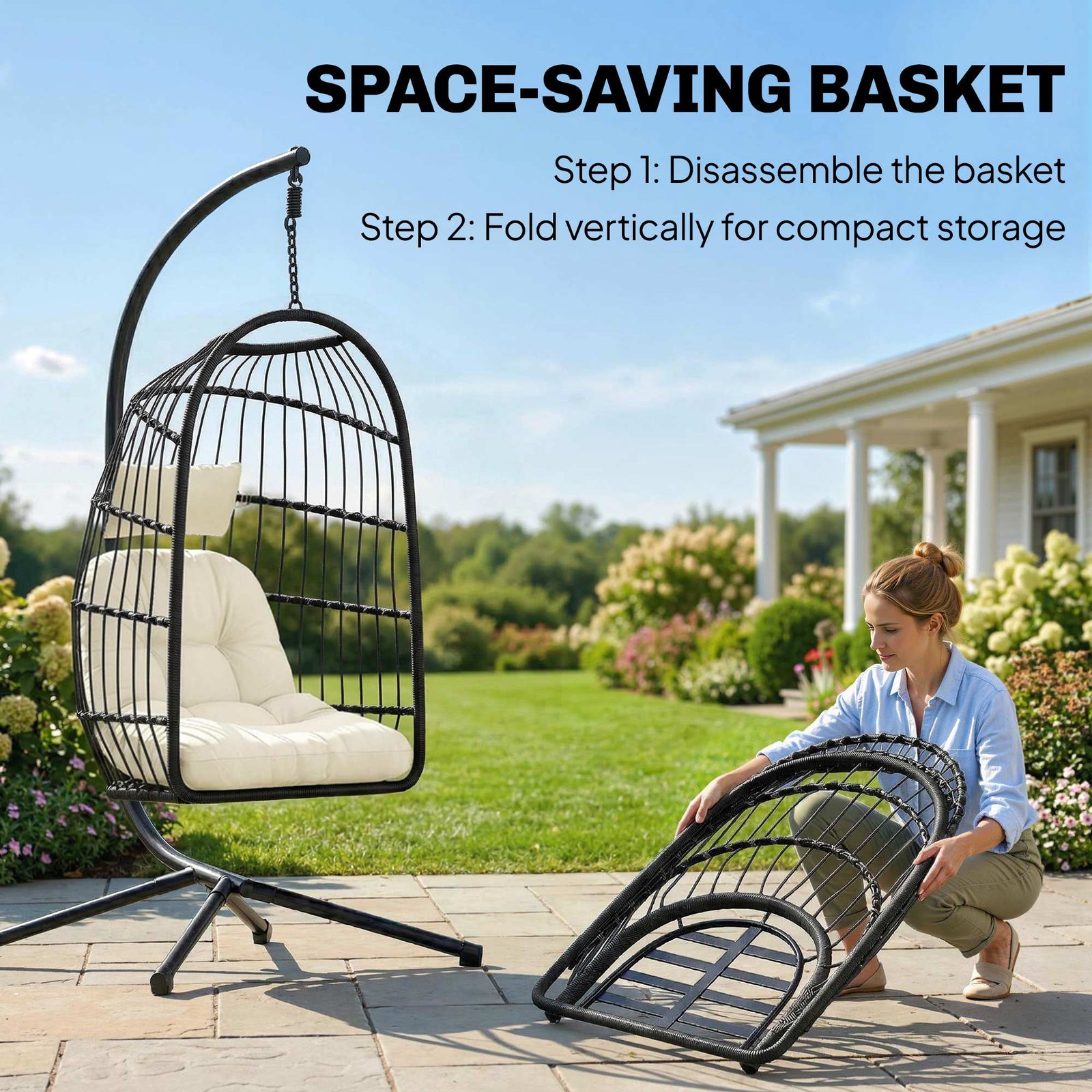 Outsunny Hanging Egg Chair, Indoor Outdoor Hammock Swing Chair with Stand, Safety Strap, Foldable Basket, Black/Cream White