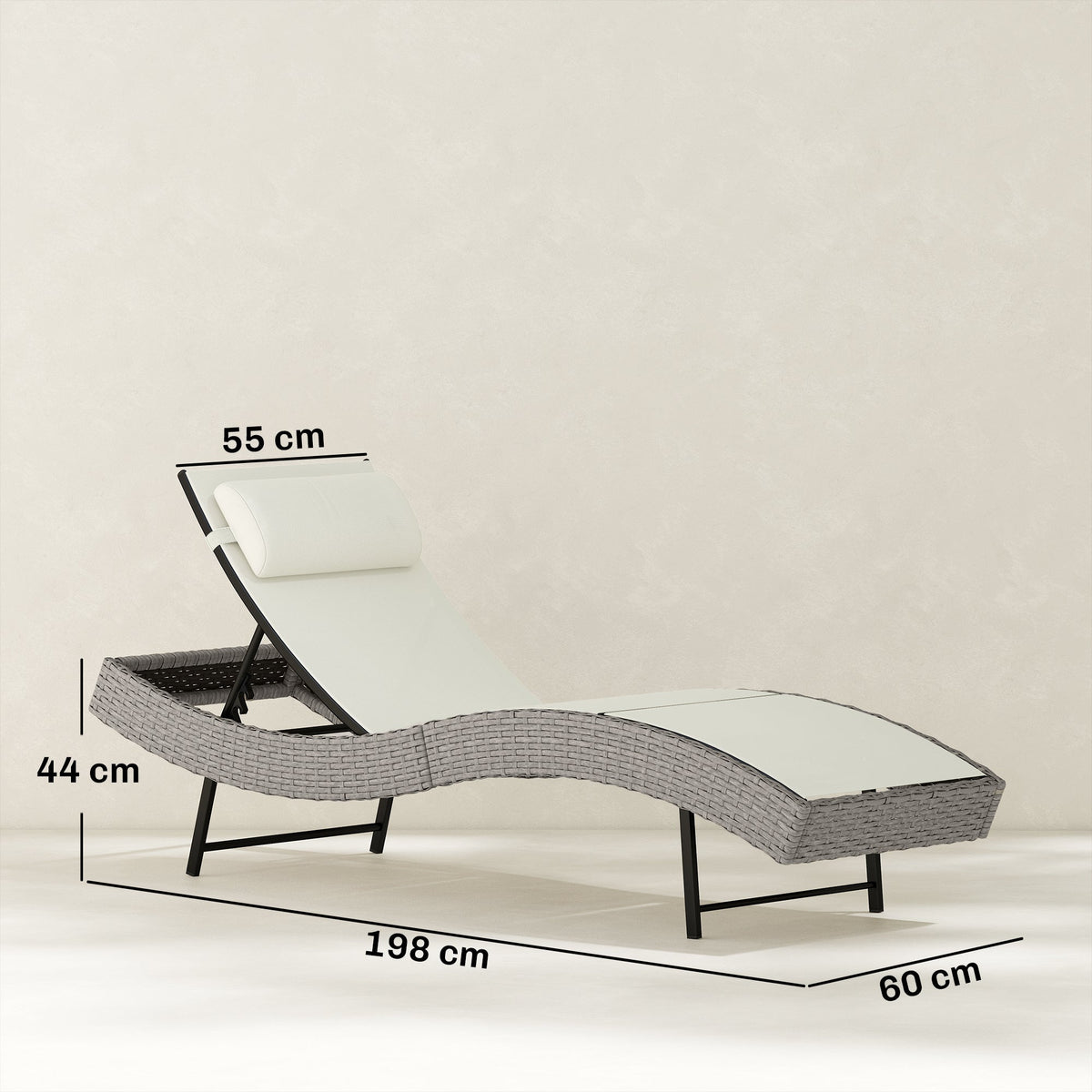 Outsunny Rattan Sun Lounger, Garden Recliner with 5 Position Adjustable Back, S Shaped Texteline Seat, Headrest, Cream White