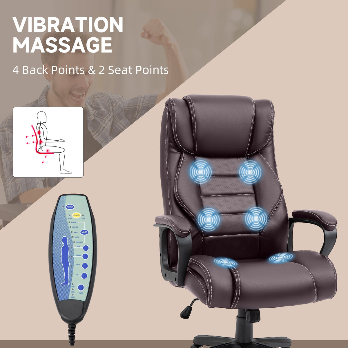 Vinsetto Office Chair with 6-Point Maaage, PU Desk Chair with Padded Seat and Armrest, Computer Chair with Tilt Function for Home, Brown