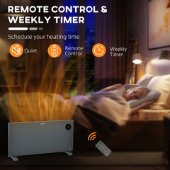 The electric heater in a bedroom at night with remote control and timer features highlighted