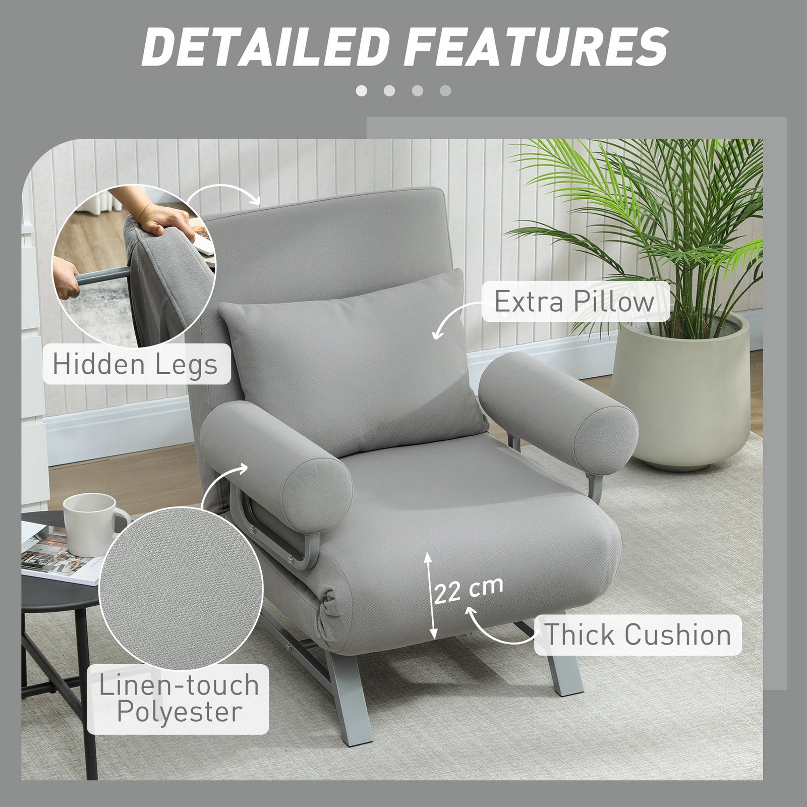 HOMCOM Single Sofa Bed, 3-in-1 Convertible Folding Chair Bed with Adjustable Backrest, Removable Armrests, Light Grey