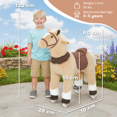 AIYAPLAY Rocking Horse, Plush Ride On Horse with Rolling Wheels & Saddle, Ride On Pony Toy for Kids 3-5 Years, Up to 25kg, Brown