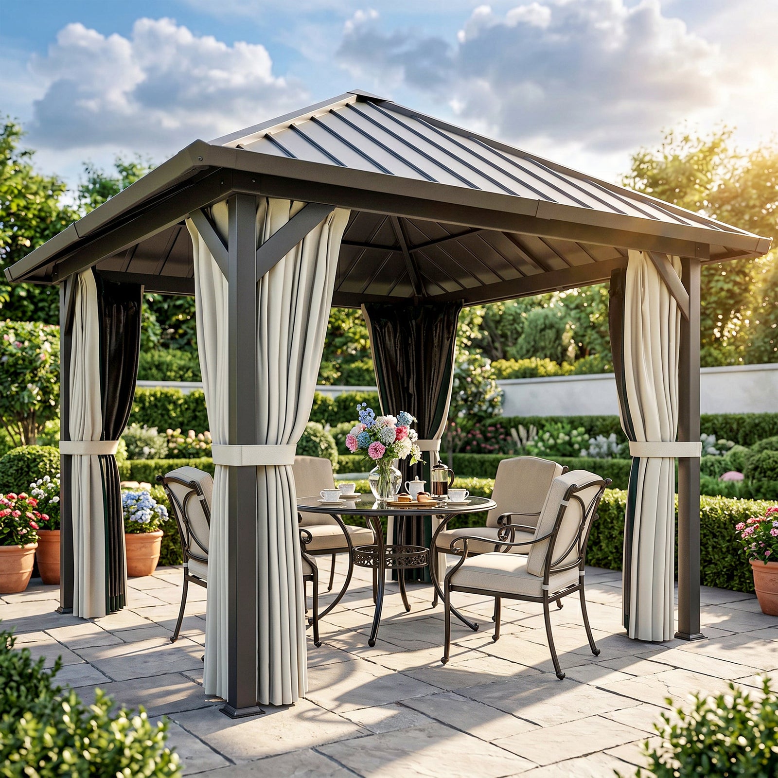 Outsunny 3 x 3(m) Hardtop Gazebo with Galvanised Steel Roof and Water Gutter, Waterproof Permanent Pavilion Garden Gazebo with Netting and Curtains for Patio, Deck, Black