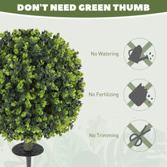 HOMCOM Set of 2 40 cm Artificial Boxwood Topiary Ball Bush with Integrated Ground Stake, Eucalyptus Leaves, Indoor Outdoor UV Resistant Faux Greenery, Faux Plants for Garden, Porch, Balcony