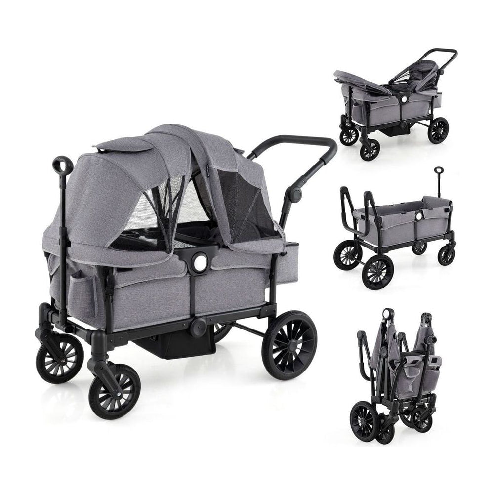 Wagon Stroller shown with canopy, without canopy, and in a folded position