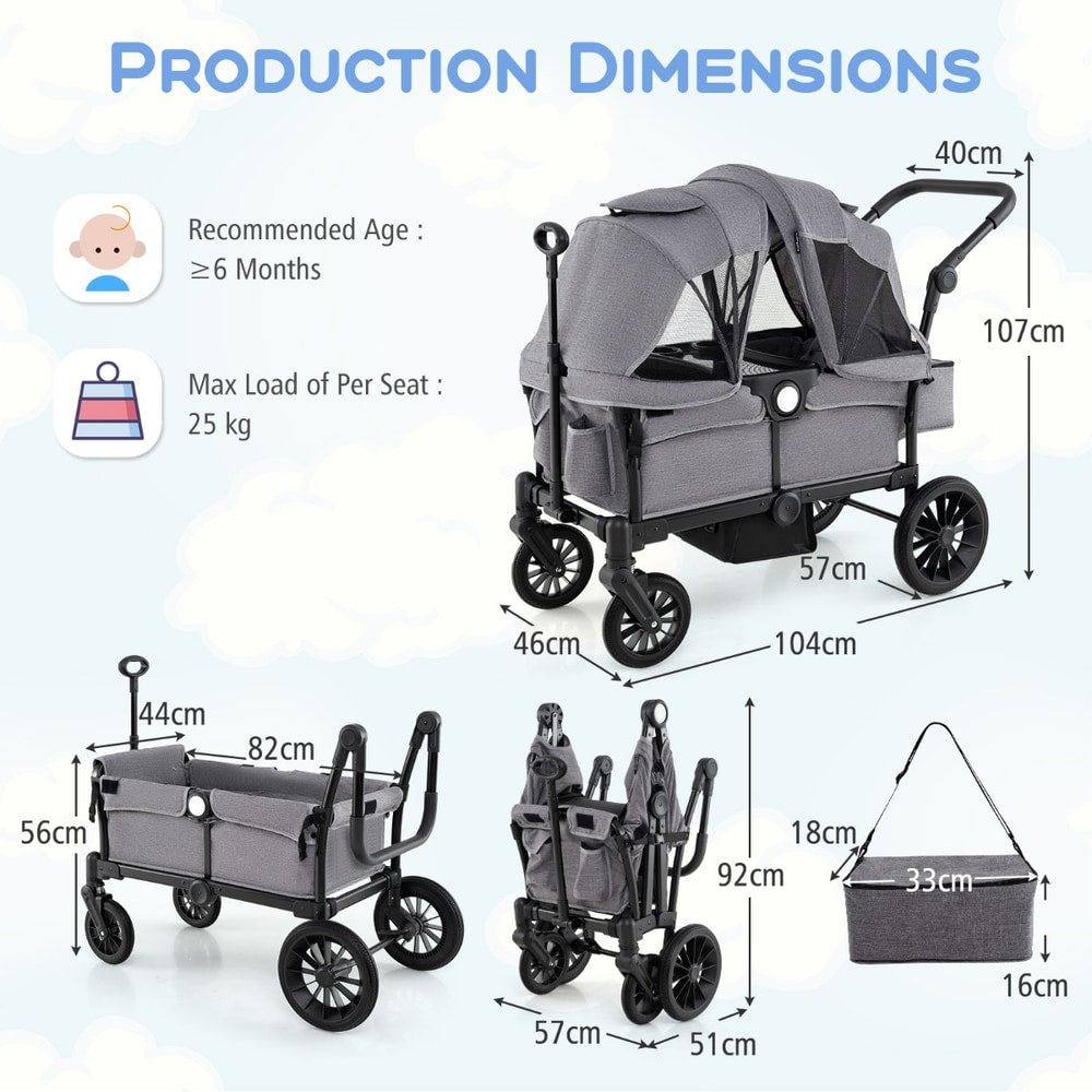 The baby stroller showing various dimensions and a separate storage bag