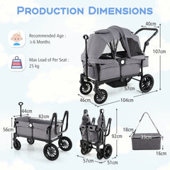 The baby stroller showing various dimensions and a separate storage bag
