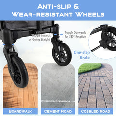 The baby stroller wheels showing brake and rotation adjustment features