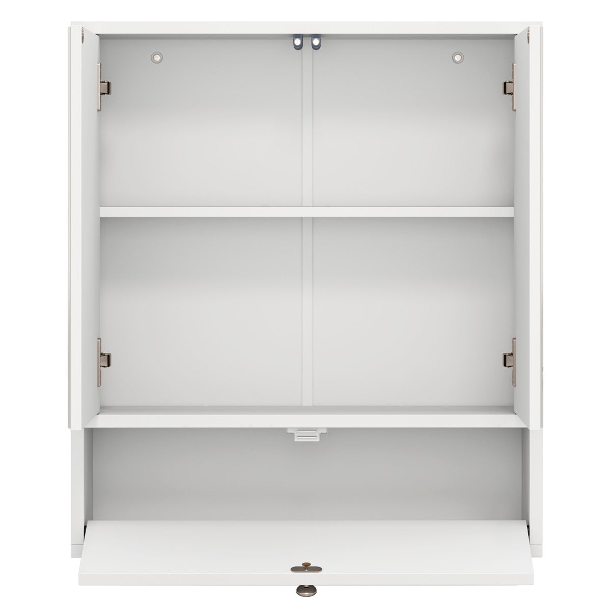 The wall cabinet showing the empty interior shelves and open bottom compartment