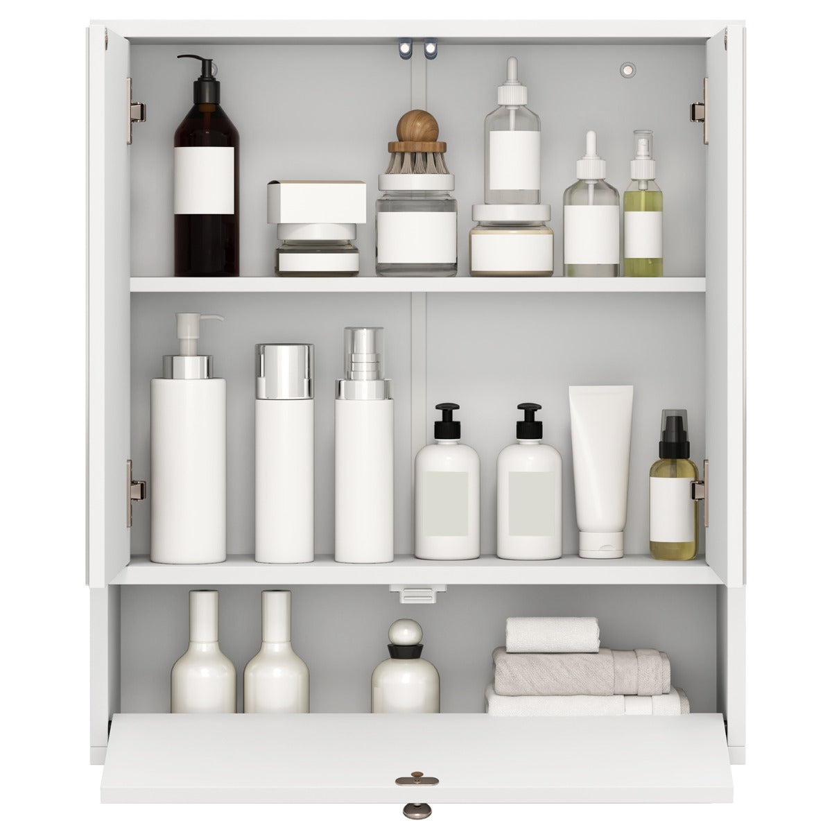 The wall cabinet filled with various toiletries and folded towels on the shelves