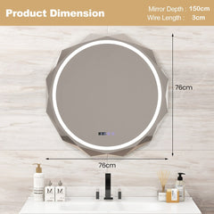 The circular bathroom mirror showing technical dimensions with arrows on a tiled background
