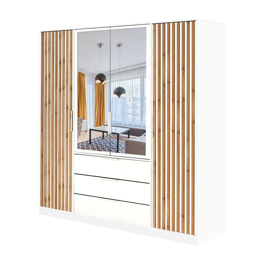 White Mirrored Hinged Door Wardrobe 196cm with wooden slat panels and three drawers in a bright room