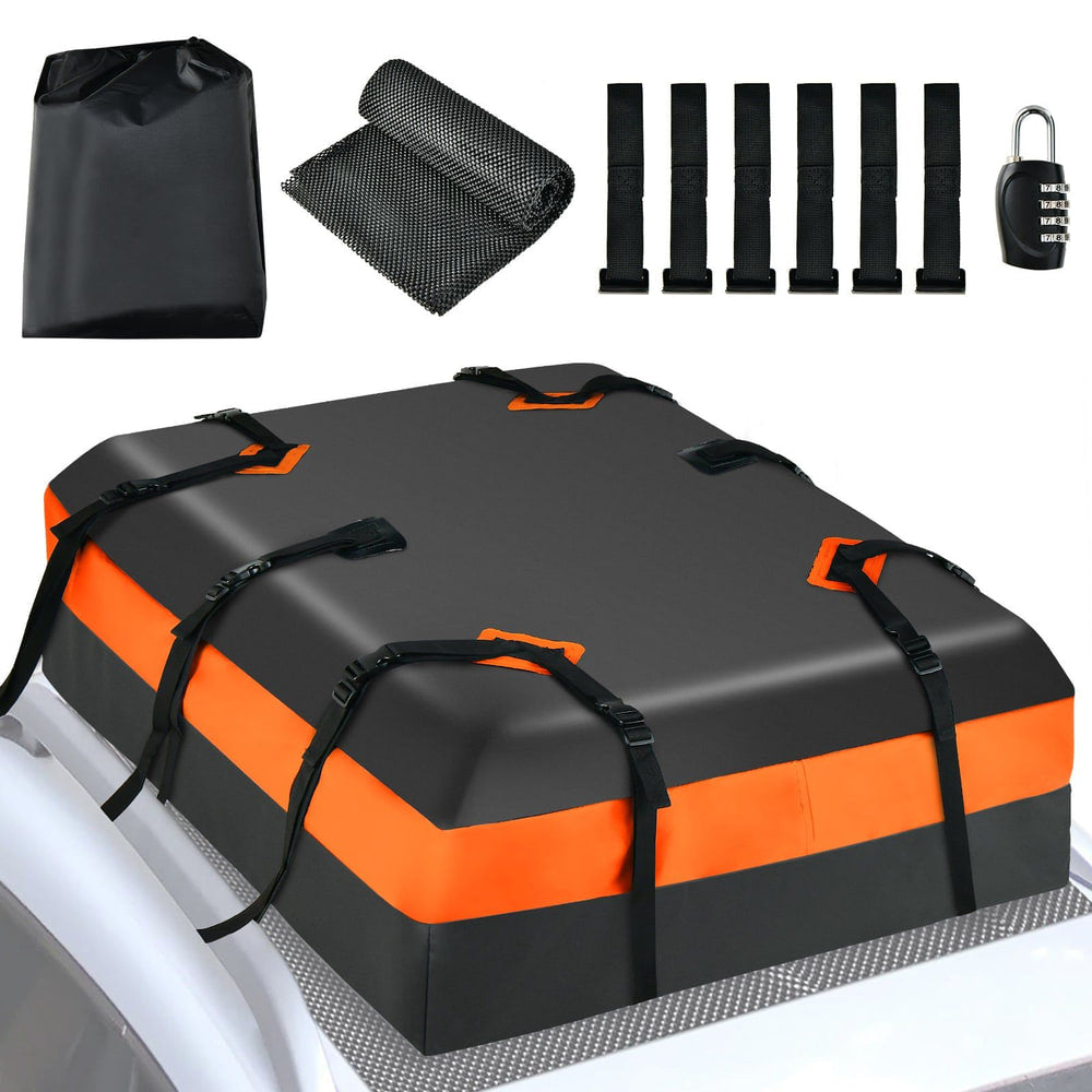 Waterproof Rooftop Luggage Bag with non-slip mat and 6 door hooks in orange and black