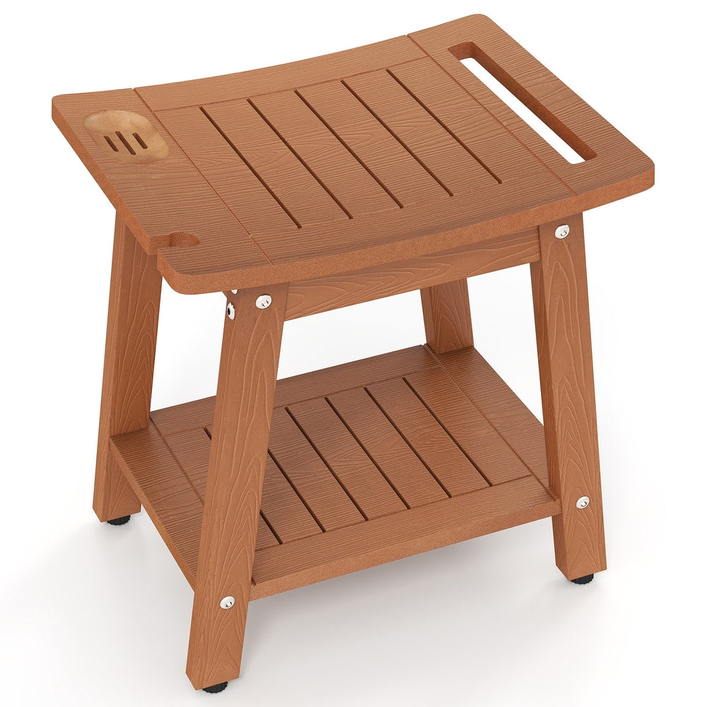 Waterproof Shower Bench Seat with a slatted top, lower shelf and integrated handle in coffee brown