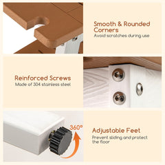 The shower stool showing close-ups of rounded corners, metal screws and adjustable feet
