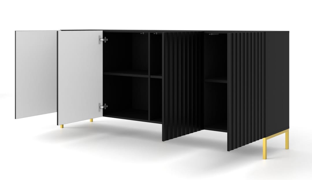 The black sideboard cabinet with doors open showing shelves