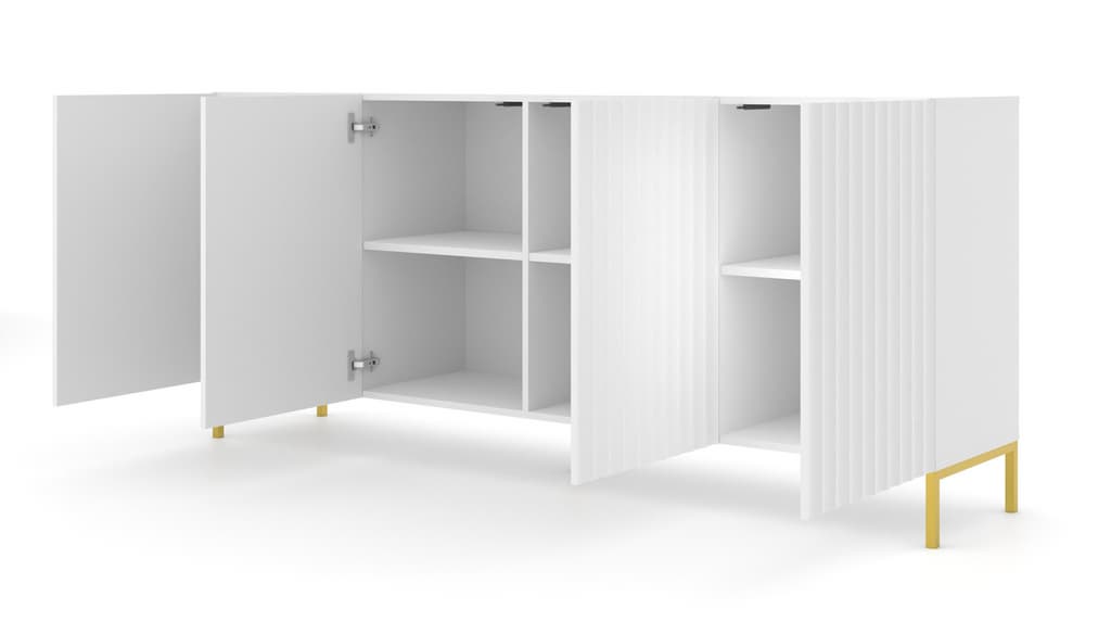 The white sideboard cabinet with doors open showing shelves