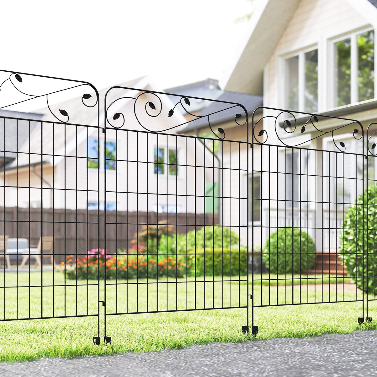 Outsunny Decorative Garden Fencing, 4PCs Outdoor Picket Fence Panels, 43in x 11.5ft Rustproof Metal Wire Landscape Flower Bed Border Edging Animal Barrier, Black
